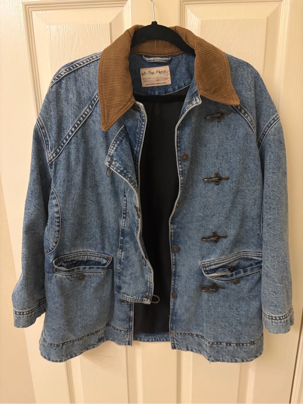 Free People We The Free Light Blue Denim Barn Coat with Brown Corduroy Collar